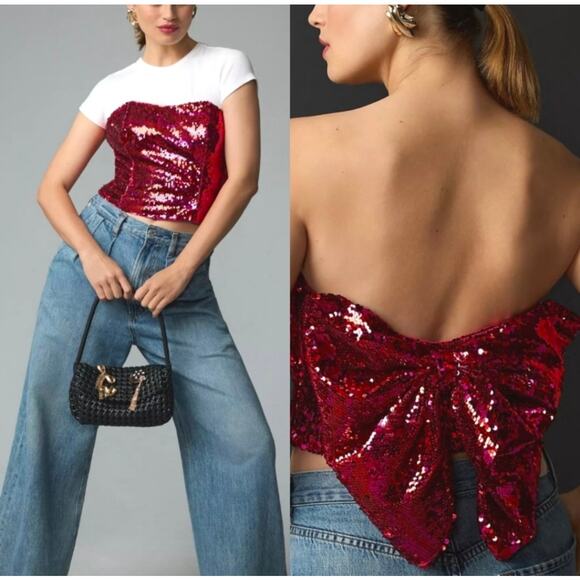 Hutch Hot Pink Sequin Strapless Crop Top  Size 6, Bow Tie Accent NEW - Picture 9 of 12